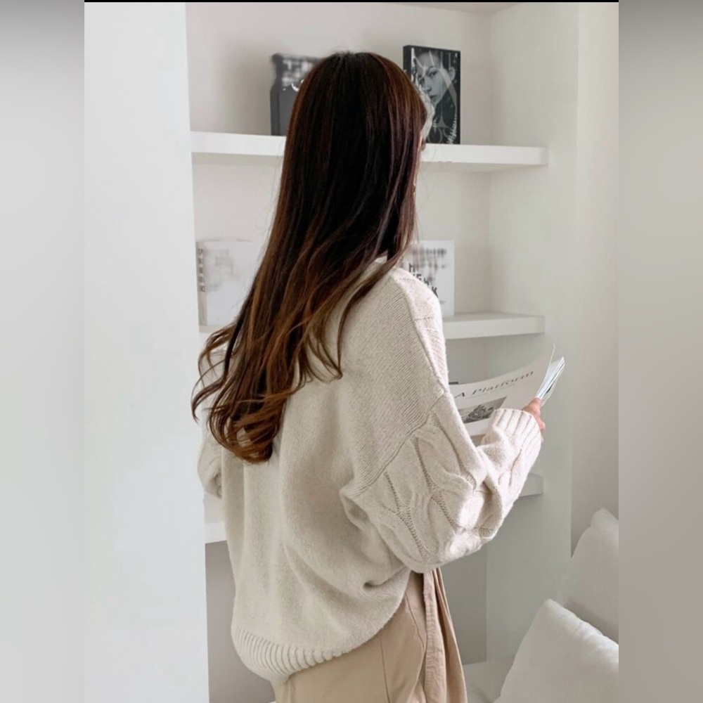 Dazy Solid Cable Knit Drop Shoulder Sweater,Long … - image 4